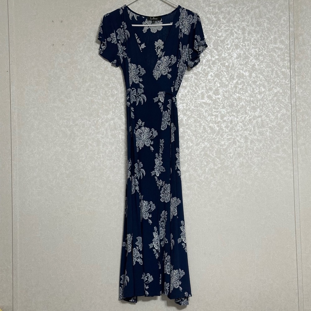Lulus Navy Blue‎ Floral Midi Dress Bohemian Wrap Style Flutter Short Sleeve XS